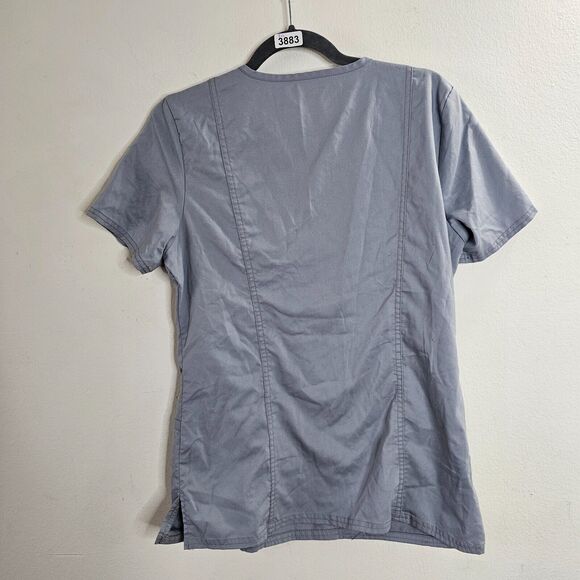 Cherokee Workwear Revolution Gray-Blue Mock Wrap V-Neck Patch Pockets Scrub Top - Picture 3 of 8